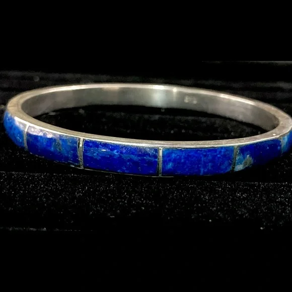 Vintage Native American Sterling Silver & Lapis Inlay Cuff Bracelet - Picture 3 of 10